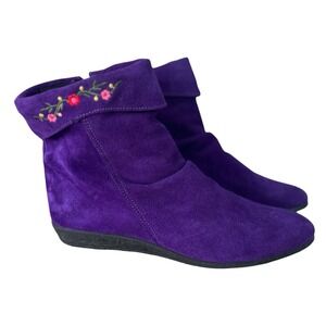 Vtg 90s Made In Spain Suede Purple Floral Embroidered Ankle Boots 12 Whimsigoth